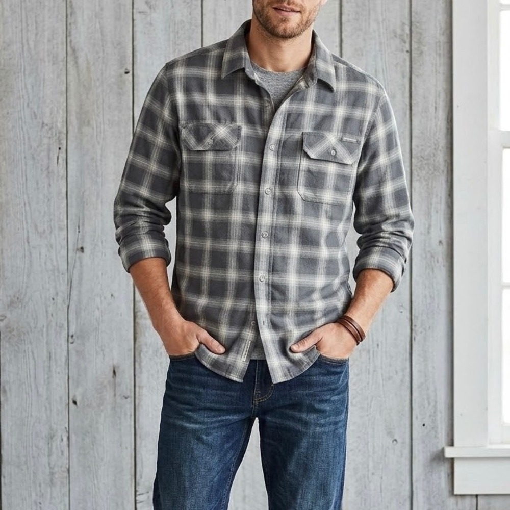 Eddie Bauer Button Flannel Shirt Grey Plaid Long Sleeve Outdoor Men's XL